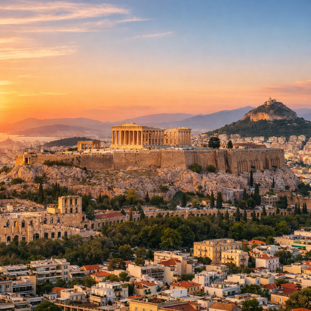 The Acropolis of Athens with the Parthenon temple illuminated by sunset, overlooking the cityscape